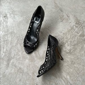 Christian Dior Galliano black leather lattice 38.5 heels peep toe y2k